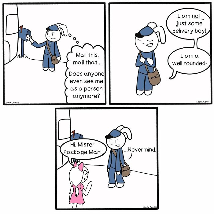 Comic strip showing a relatable mail carrier character reflecting on identity in everyday life, capturing sweet chaos humor.