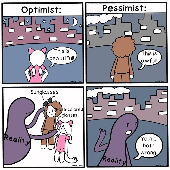 Comic illustrating the sweet chaos of everyday life with funny and relatable perspectives on optimism and pessimism.