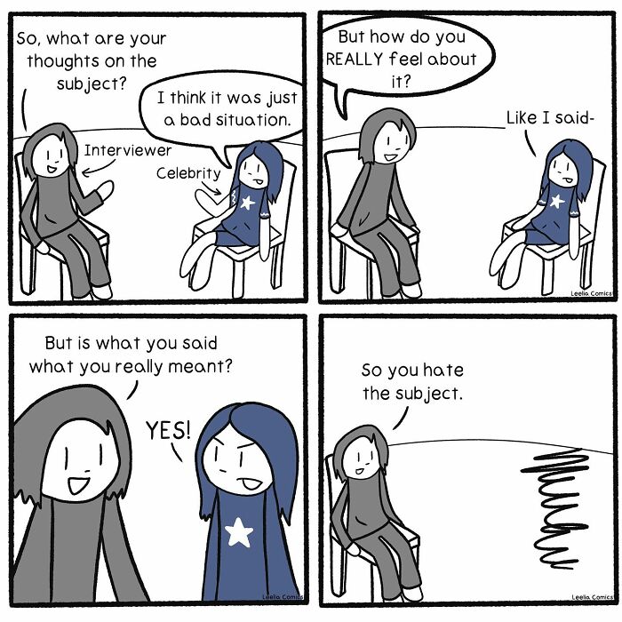 Funny and relatable comics capturing the sweet chaos of everyday life with simple characters in a humorous interview scene.