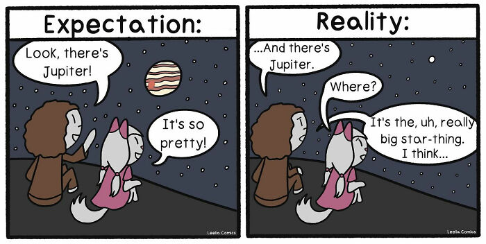 Cartoon capturing the sweet chaos of everyday life with funny and relatable moments under the night sky with Jupiter.