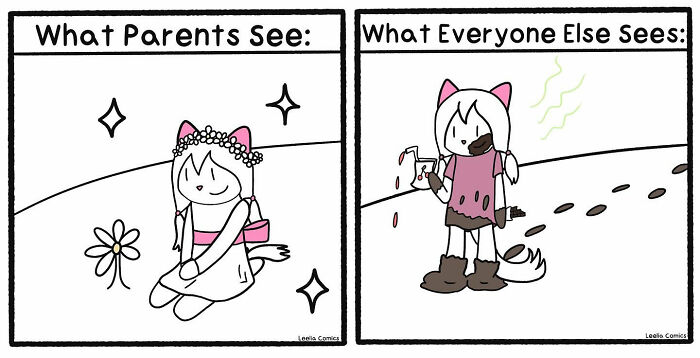 Comic illustrating the sweet chaos of everyday life with a humorous view on how parents versus others see a child.