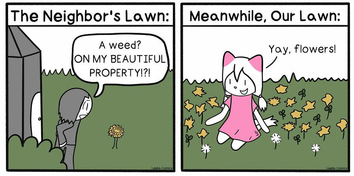 Funny and relatable comic capturing everyday life’s sweet chaos with a girl enjoying flowers among weeds on lawns.