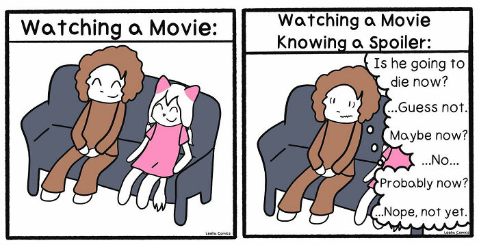 Comic showing funny and relatable everyday life moment of watching a movie with and without a spoiler, capturing sweet chaos.