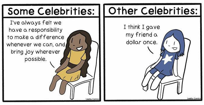 Comic panel showing two characters humorously contrasting celebrities, capturing the sweet chaos of everyday life through relatable comics.