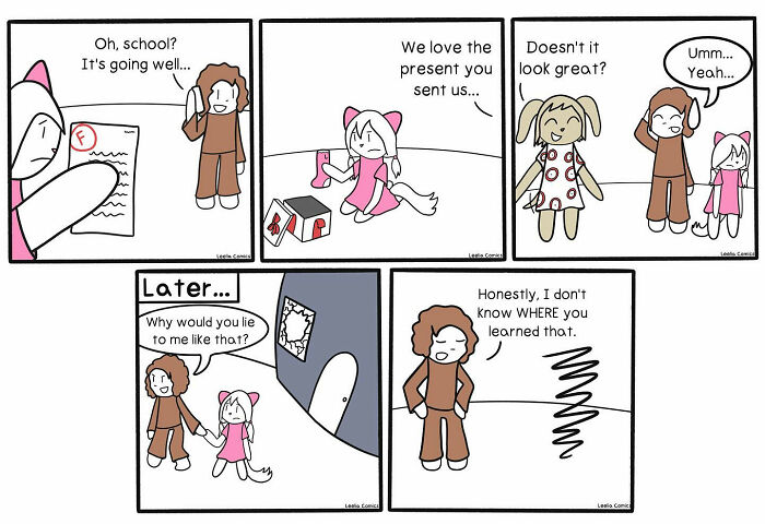 Comic panels showing a relatable, funny scene capturing the sweet chaos of everyday life in a simple cartoon style.