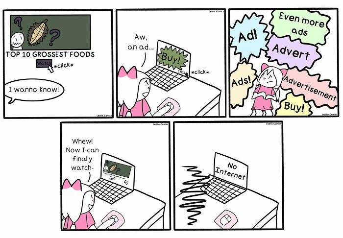 Comic strip showing the sweet chaos of everyday life with a character facing ads and internet issues on a laptop.