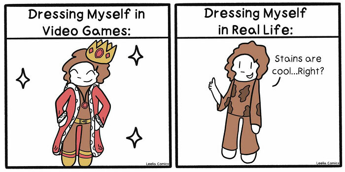 Funny and relatable comic contrasting dressing up in video games versus messy real-life outfits capturing everyday life chaos.
