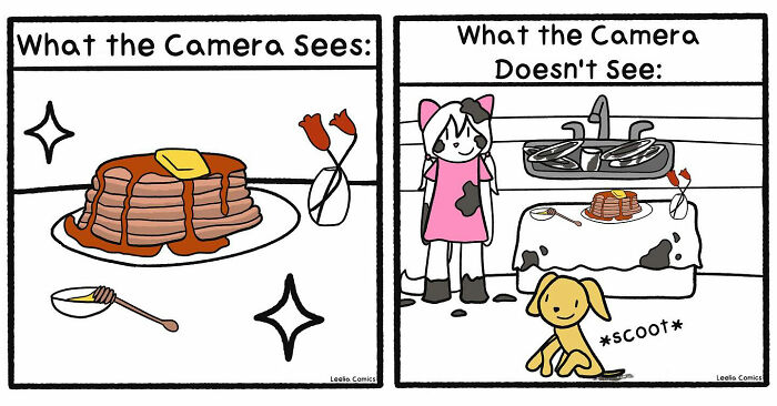 Comic showing the sweet chaos of everyday life with relatable scenes of pancakes and playful pets in a funny comic style.
