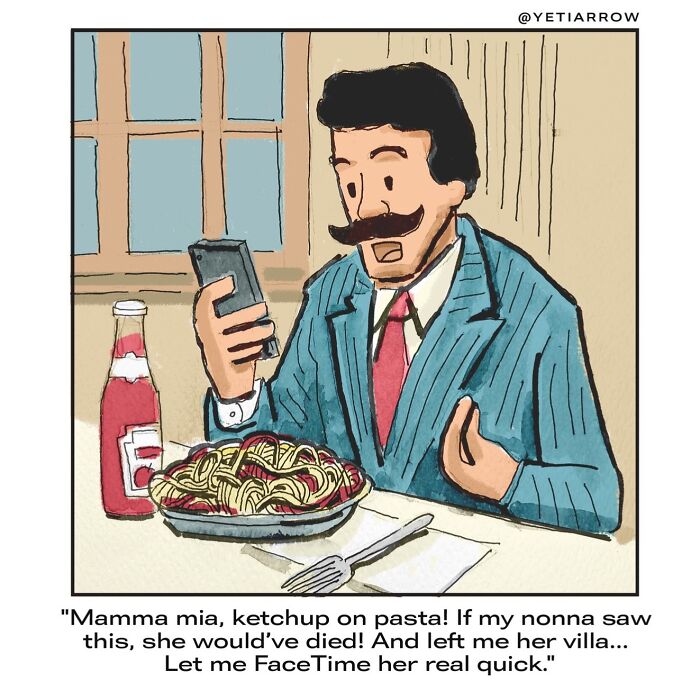 Man in suit with mustache looking at phone while eating pasta with ketchup, one-panel comic by YetiArrow showing relatable life humor.