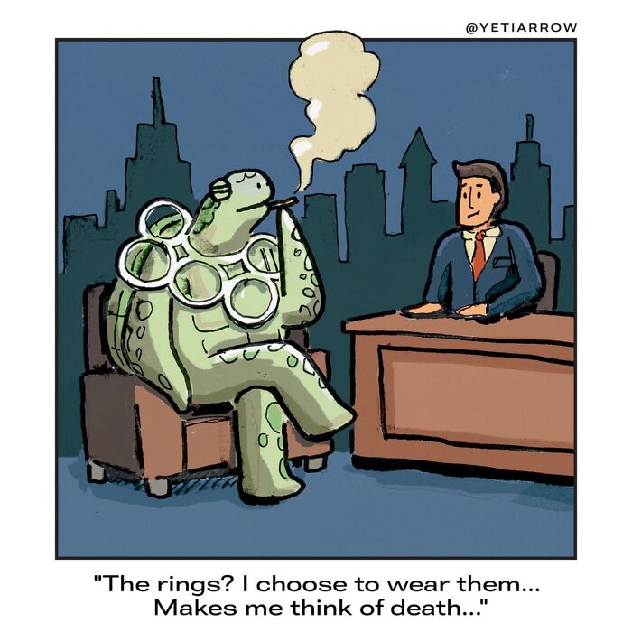 One-panel comic by YetiArrow showing a sea turtle smoking and explaining unusual behavior with humor.