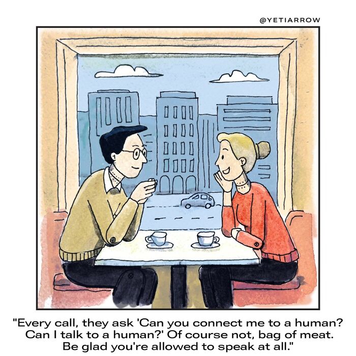 Two people having coffee by a window in a one-panel comic by YetiArrow offering relatable life explanations.