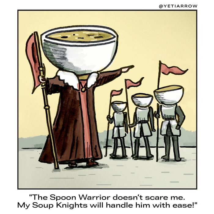 One-panel comic by YetiArrow shows soup-headed knights preparing for battle with a large soup warrior.