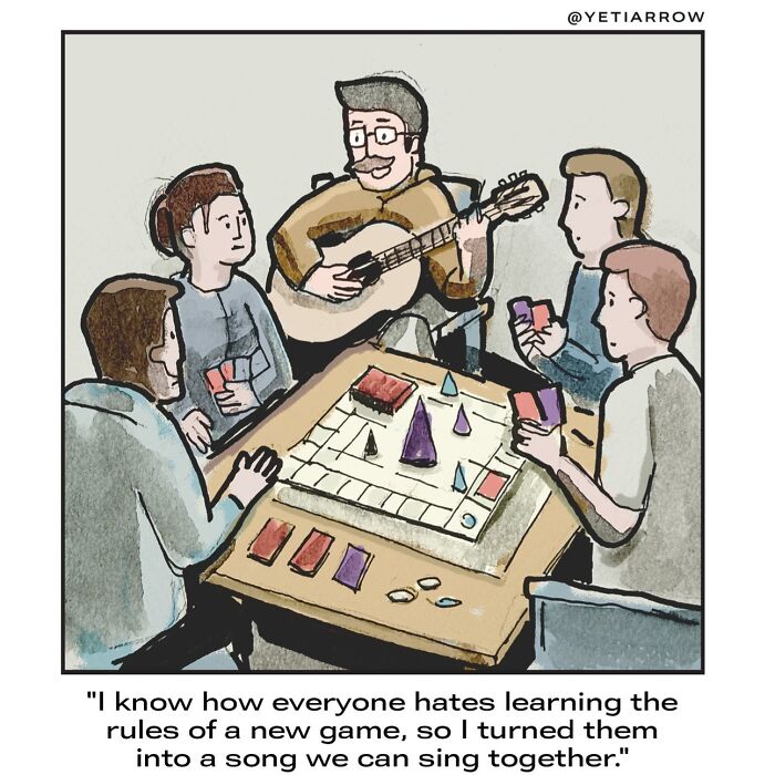 Group of people playing a board game while one plays guitar, a relatable one-panel comic by YetiArrow.