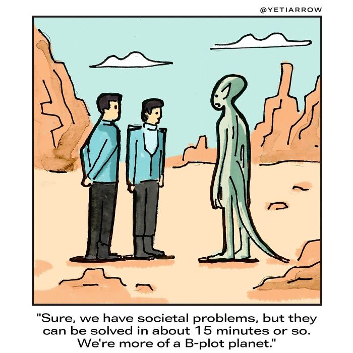 One-panel comic by YetiArrow showing characters humorously discussing societal problems on a desert-like planet.