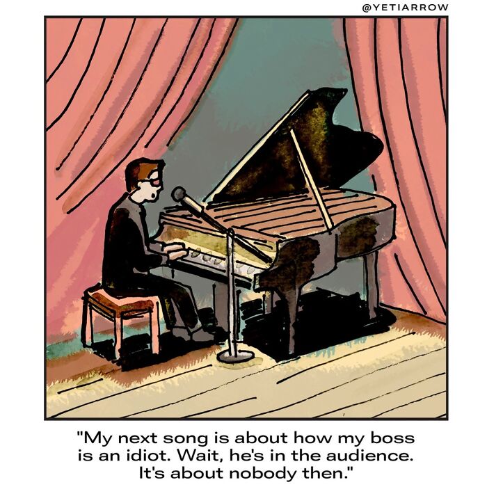 Comic panel by YetiArrow showing a pianist joking about a song on everyday weirdness in a live audience setting.