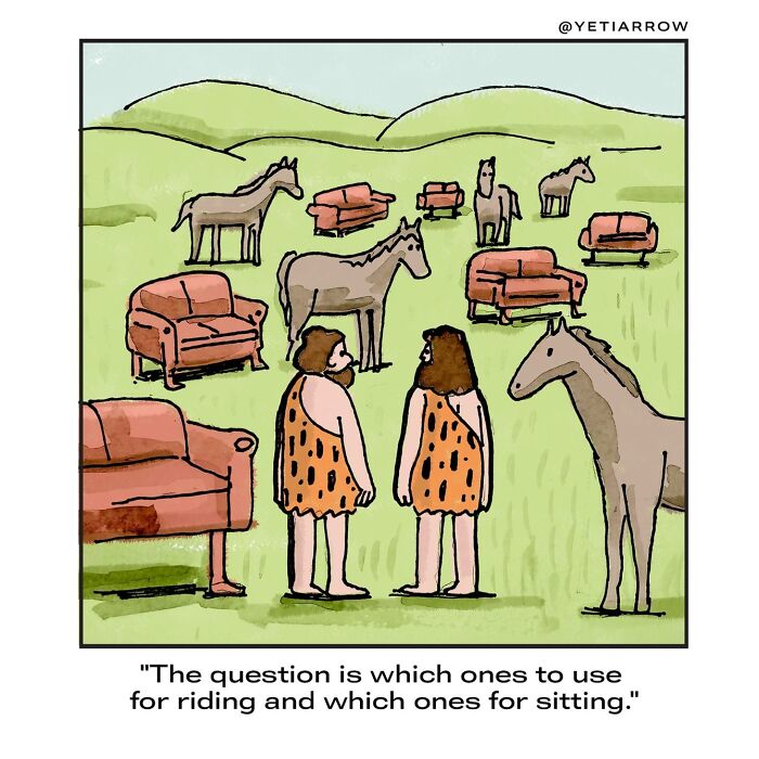 Cavemen surrounded by horses and sofas debating which to use for riding or sitting in a relatable comic by YetiArrow.