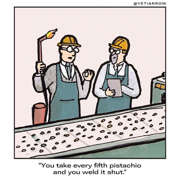 Two factory workers inspecting pistachios on a conveyor belt in a one-panel comic by YetiArrow.