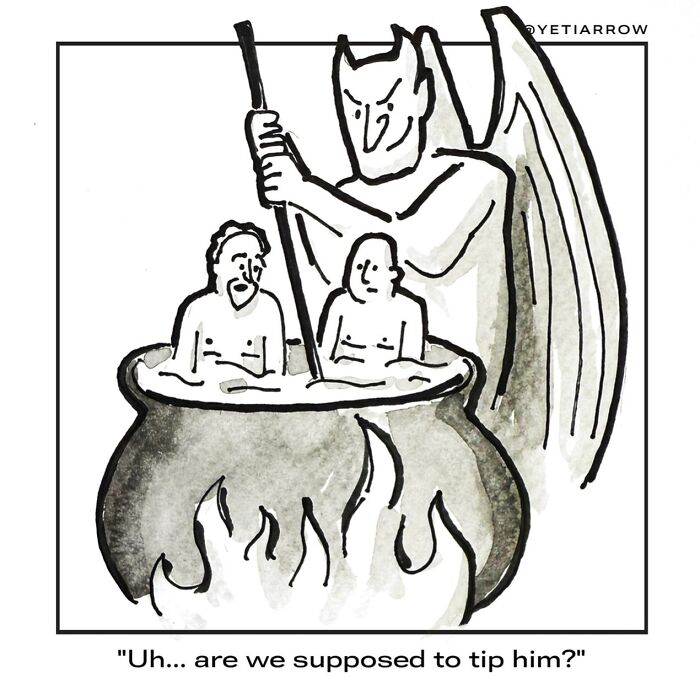 Devil stirring a cauldron with two people inside, comic from 30 one-panel comics by YetiArrow on everyday weirdness.