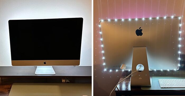 Imac desktop computer on a desk with backlight and LED strip, showcasing popular office supplies to enhance workspace appeal