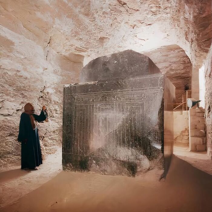 Woman in dark robe inspecting large ancient stone artifact inside an archaeological site with sandstone walls and archways.