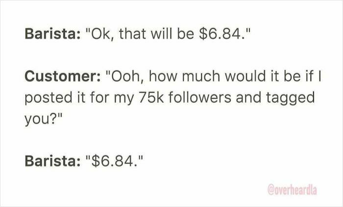 Funny conversation overheard in the streets of LA between a barista and a customer about social media followers.