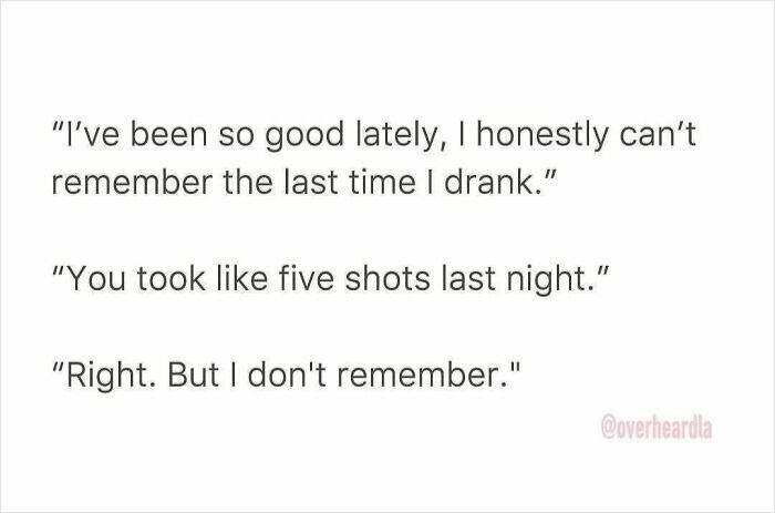 Text conversation showing a funny overheard chat about drinking five shots last night on the streets of LA.