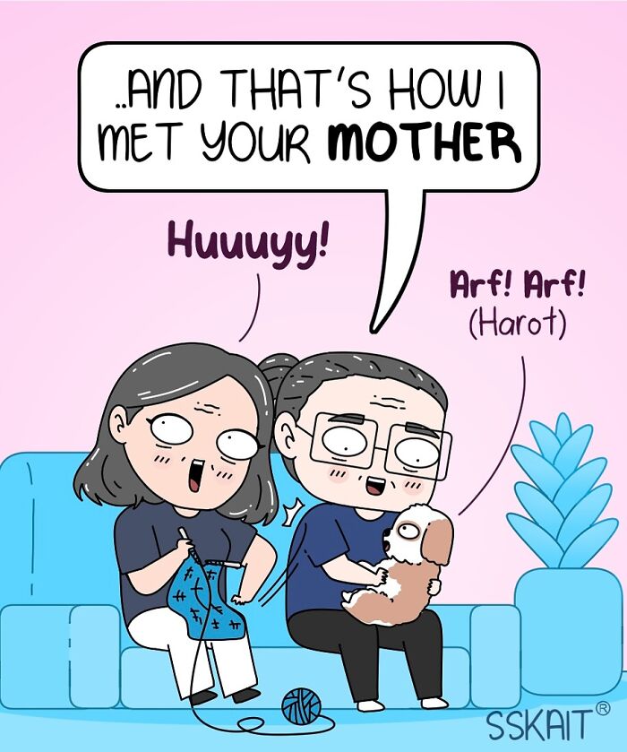 Comic showing a couple and their dog on a couch, capturing Filipino humor in a lighthearted and funny moment.