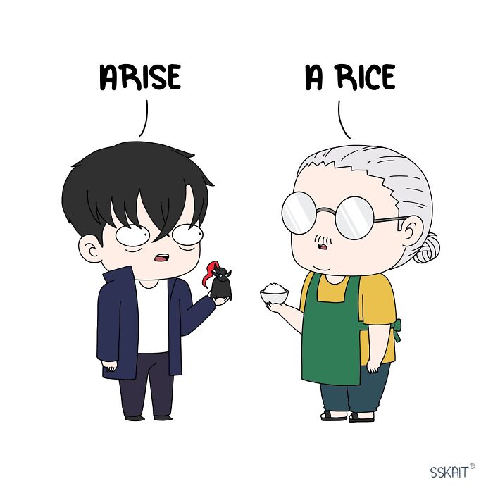 Cartoon illustrating Filipino humor with a playful pun between a character and an elderly woman holding rice.