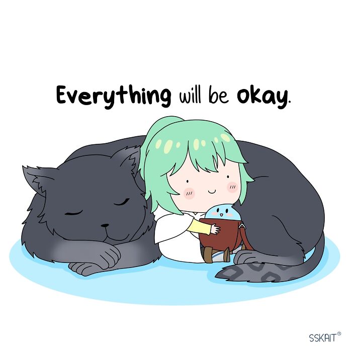 Comic style illustration showing Filipino humor with a character hugging a large cat and text saying everything will be okay.