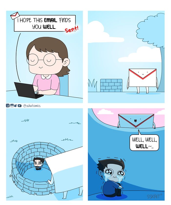 Comic strip humorously capturing Filipino humor with a girl sending an email and a man trapped inside a well.