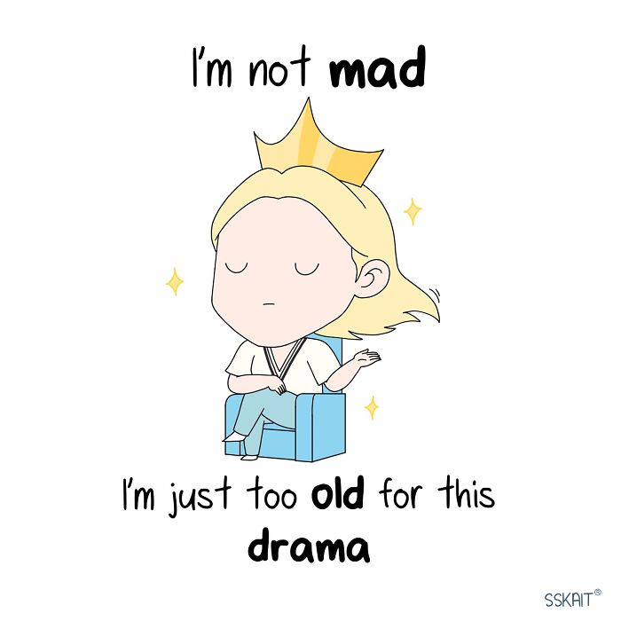 Illustration from Filipino humor comics showing a calm character with a crown saying they're too old for drama.