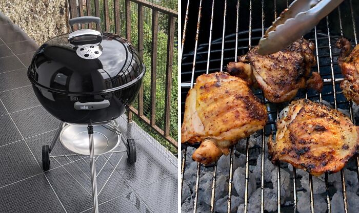 Black charcoal grill on a balcony next to grilled chicken thighs cooking over hot coals outdoor upgrades backyard hotspot
