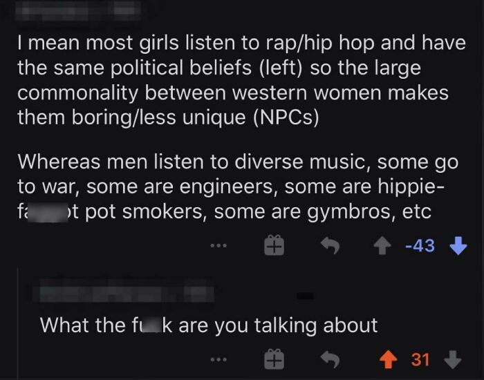 Alt text: Screenshot of a sexist online comment comparing women and men with diverse interests, highlighting sexist opinions.