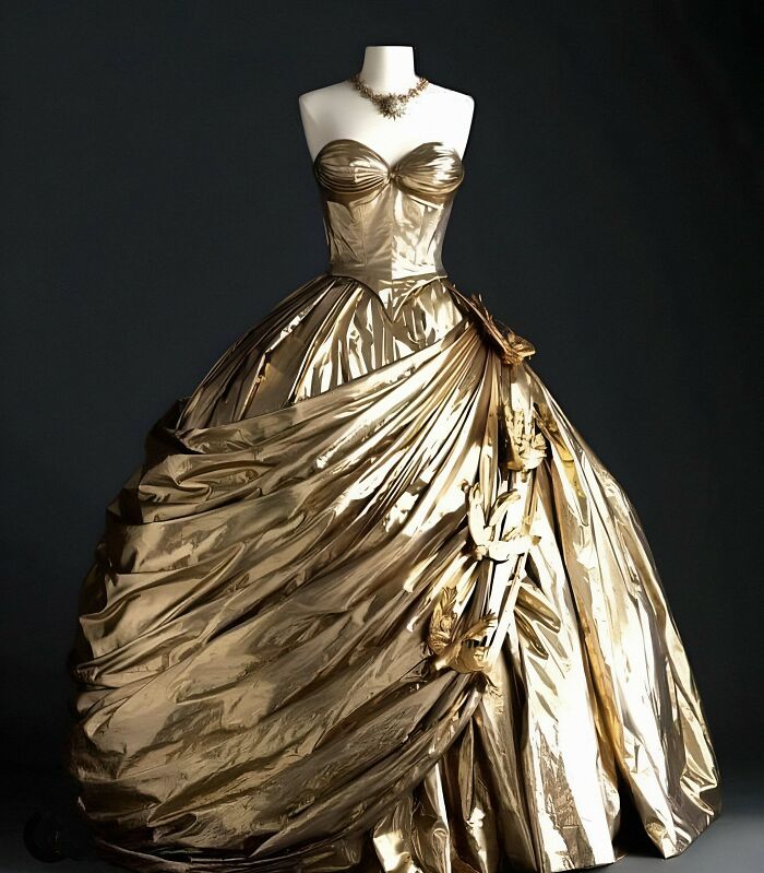 Gold metallic ball gown displayed on mannequin showcasing centuries of fashion design and style evolution.