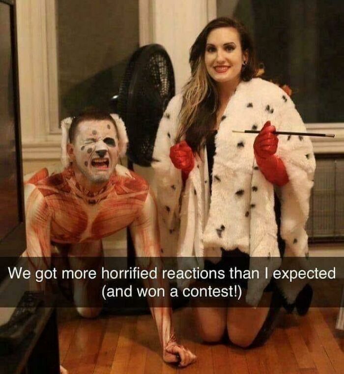 Couple dressed in blursed Halloween costumes posing indoors, showing creative and unsettling styles for blursed images.