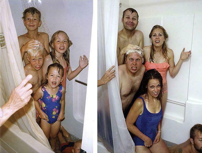 Blursed image showing adults and children crowded in two bathtubs with a hand flipping the middle finger in the foreground