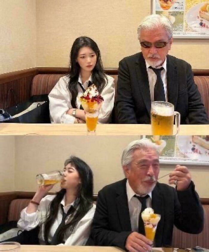 Older man and young woman swapping desserts and drinks in a blursed image that may confuse viewers’ brains.