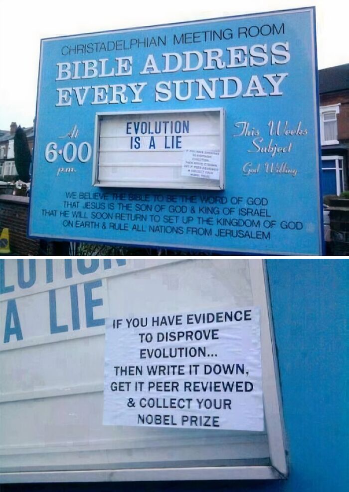 Street sign altered by wholesome vandals with a clever note challenging evolution claims to improve the community vibe.