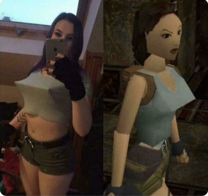 Side-by-side photo of a woman and a low-polygon 3D video game character in similar outfits, showcasing blursed images.