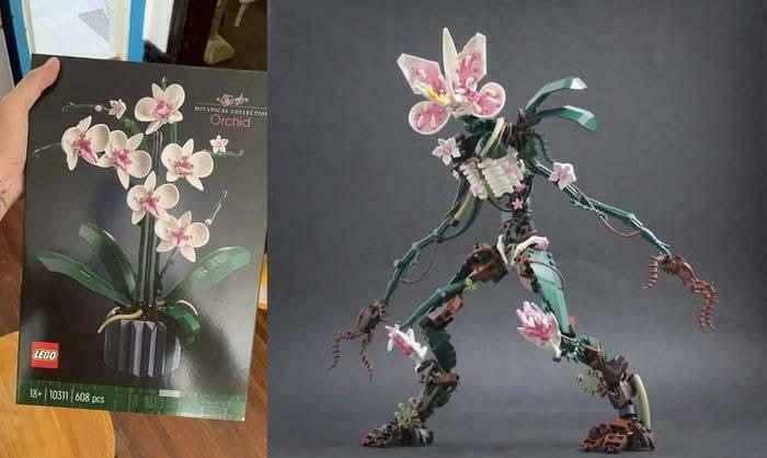 A LEGO orchid set transformed into a plant-like humanoid figure in a blursed and surreal style.