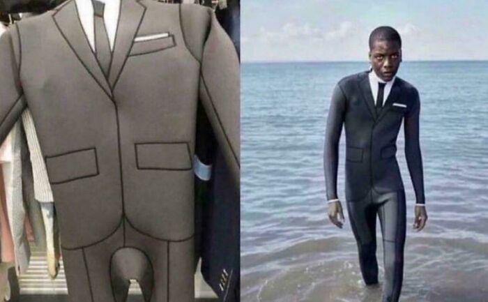 Suit-inspired wetsuit blending formal wear and swim gear, creating a blursed visual effect that may make your brain short-circuit.