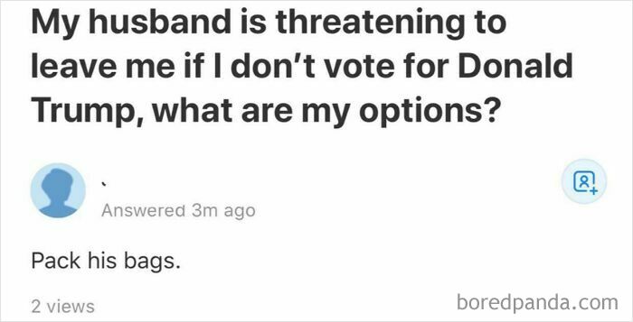 Screenshot of a weird or unfortunate Quora question about a husband threatening to leave over voting.