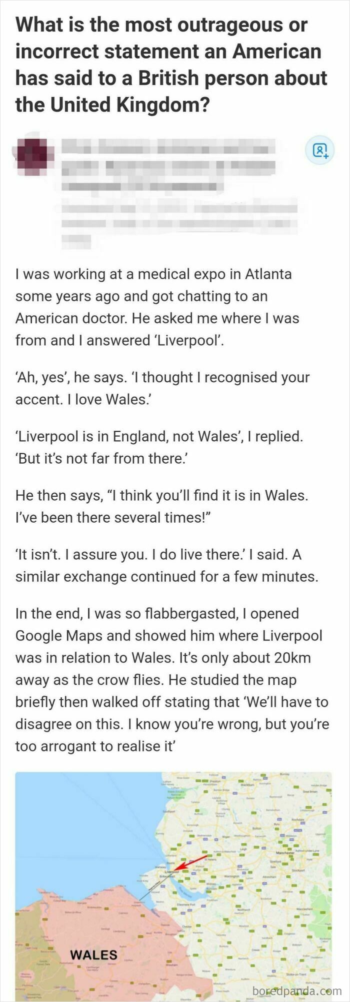 Screenshot of a weird Quora question about Wales and Liverpool with a map showing their locations in the UK.