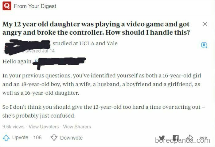 Quora question about handling a 12-year-old daughter who broke a video game controller in anger, weird questions.