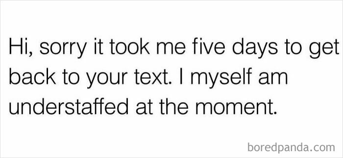 Relatable meme sarcastically apologizing for a delayed text reply due to being understaffed at the moment.