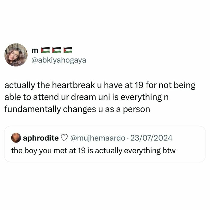 Tweet about the heartbreak of not attending a dream university, a painfully relatable student meme.