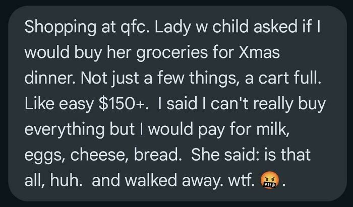 Text message showing entitled parent asking for $150+ groceries for Christmas dinner, then walking away upset when refused.