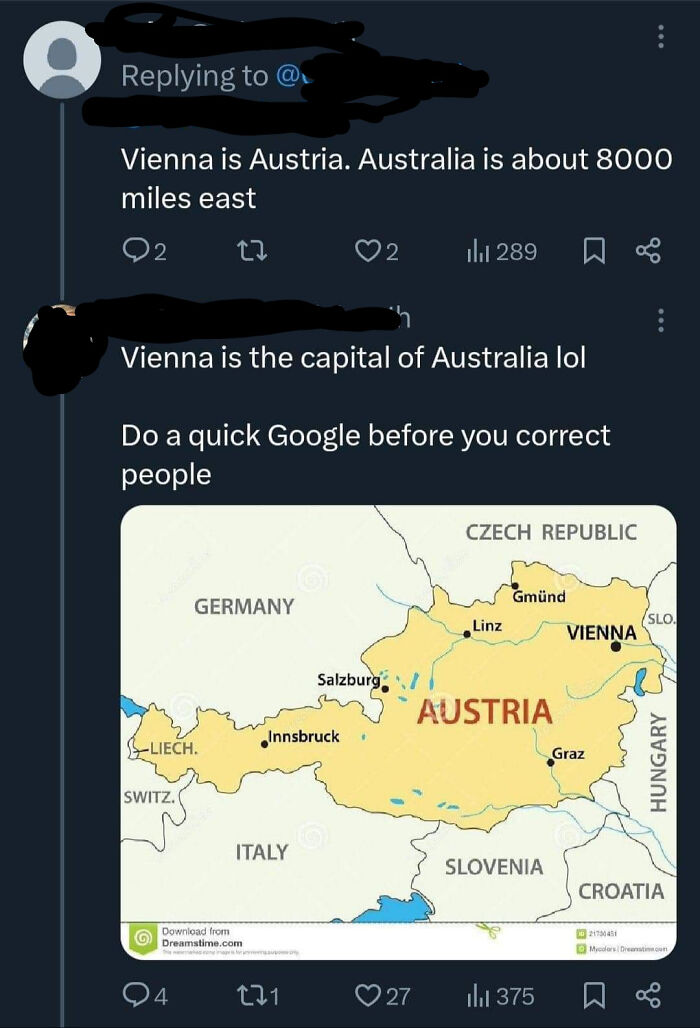 Screenshot of a social media exchange showing confusion about Vienna’s location with a map of Austria, highlighting mistaken thinking.
