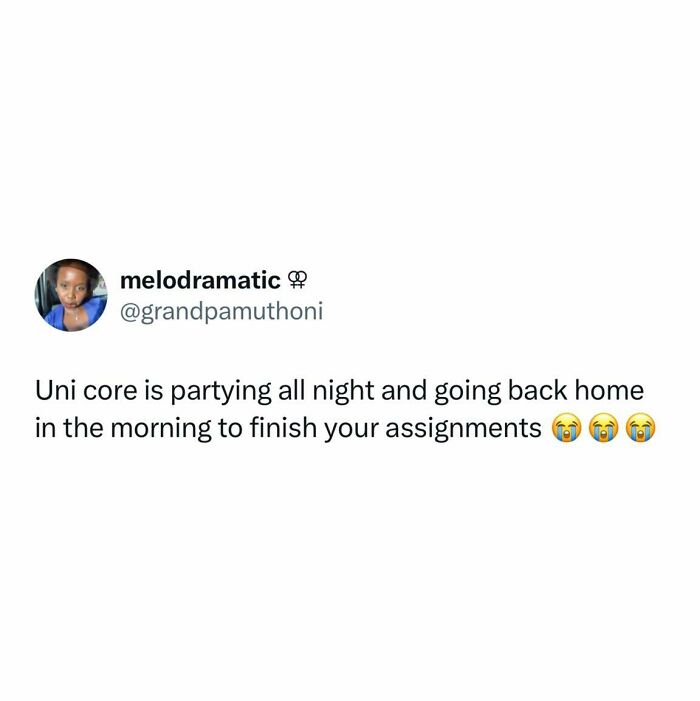 Tweet about student life describing partying all night and finishing assignments in the morning, relatable student memes.