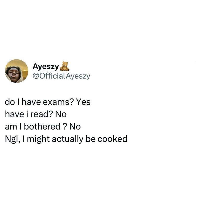 Tweet about exams and procrastination, humorously expressing a student’s lack of preparation and concern in relatable memes.